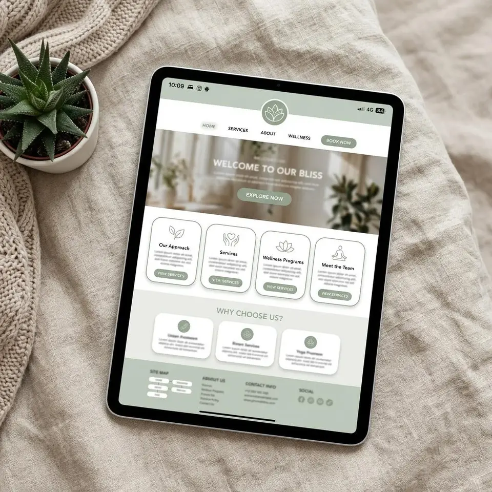 Tablet showing a soft sage concept website with rounded cards for a wellness clinic