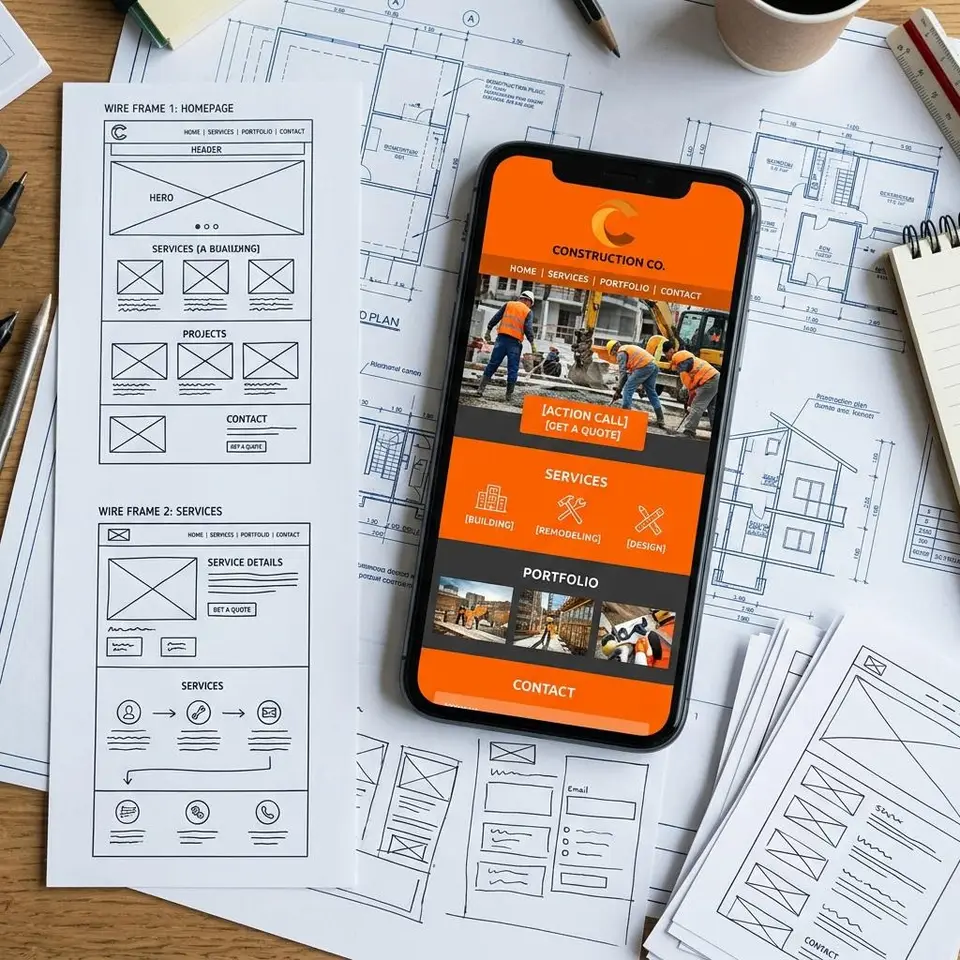 Paper wireframes and a phone showing a bold orange concept website for a contractor