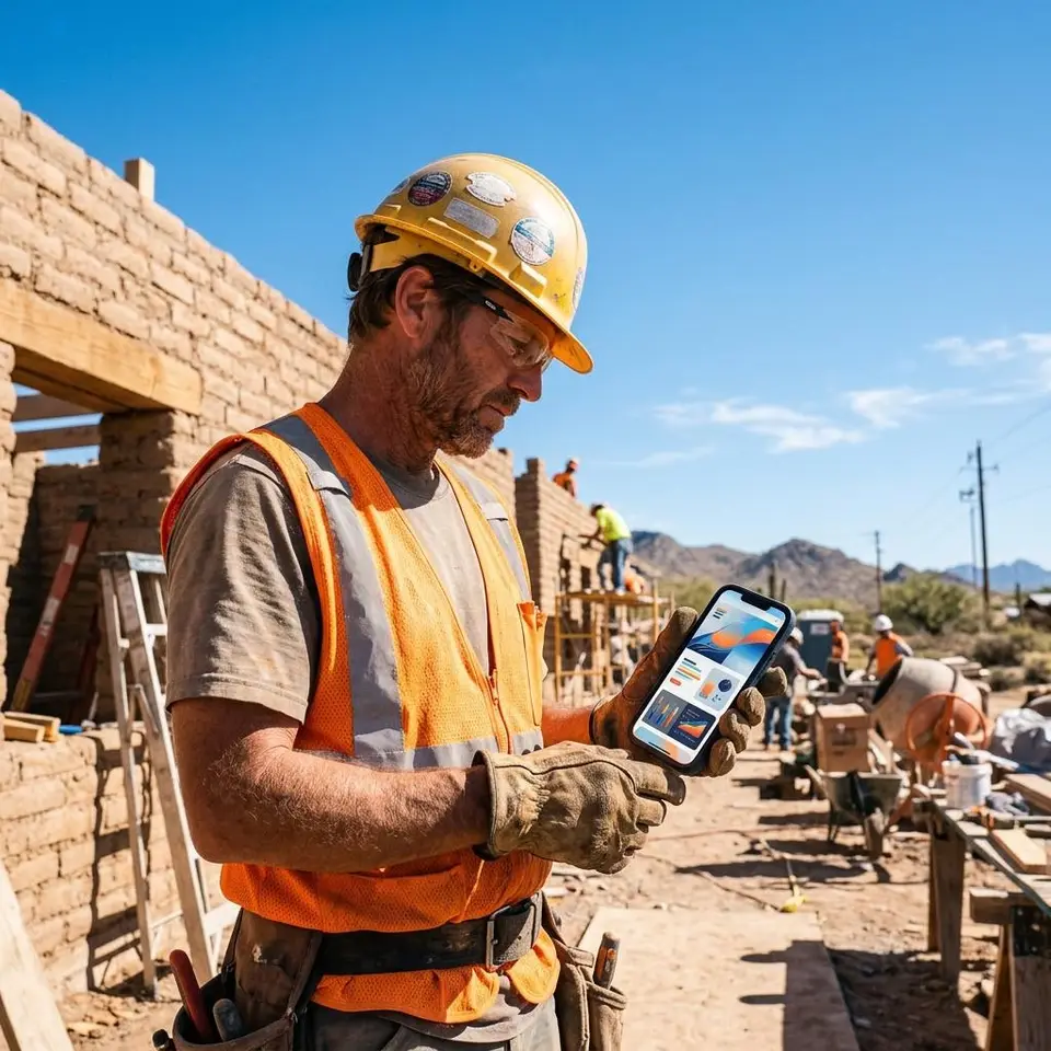 Contractor in work gloves holding a phone with a website on a sunny job site