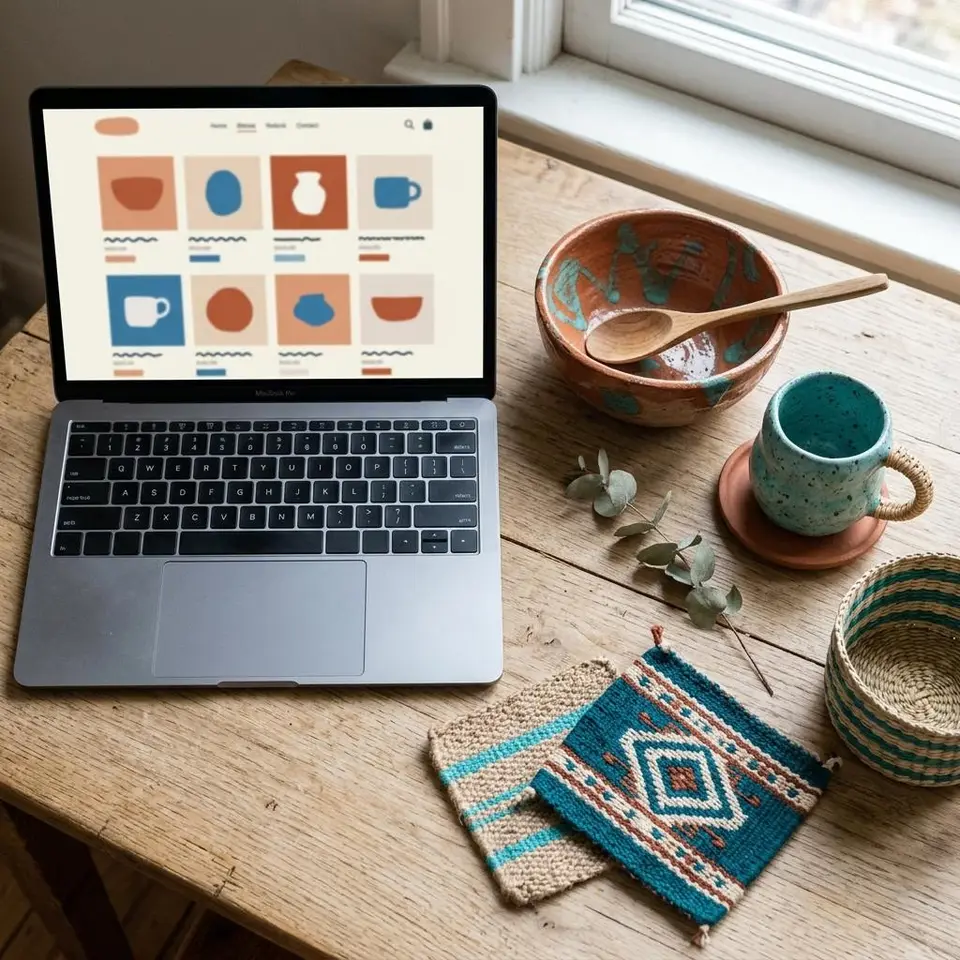 Handmade pottery and woven goods beside a laptop showing an online store grid