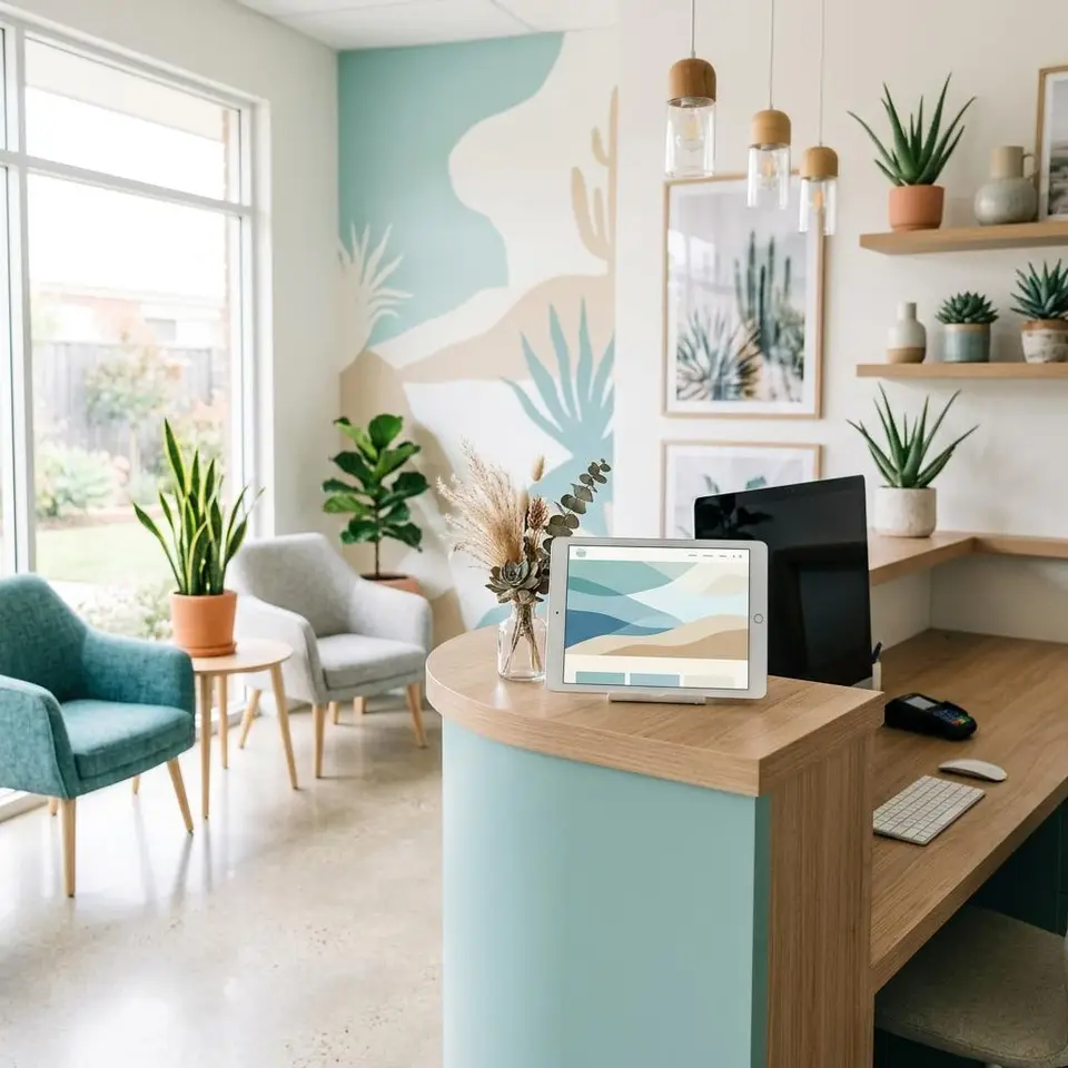 Bright clinic reception with teal accents and a tablet showing a calm website