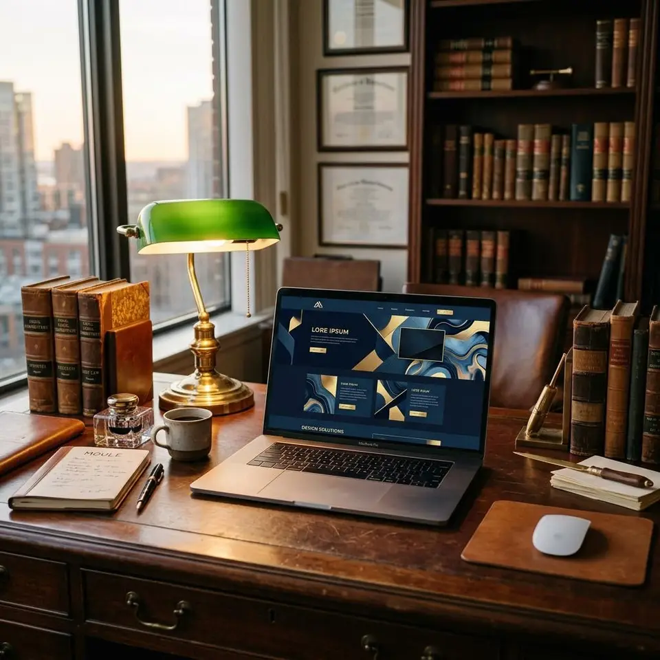 Law office desk with leather books, a brass lamp, and a laptop showing a navy website