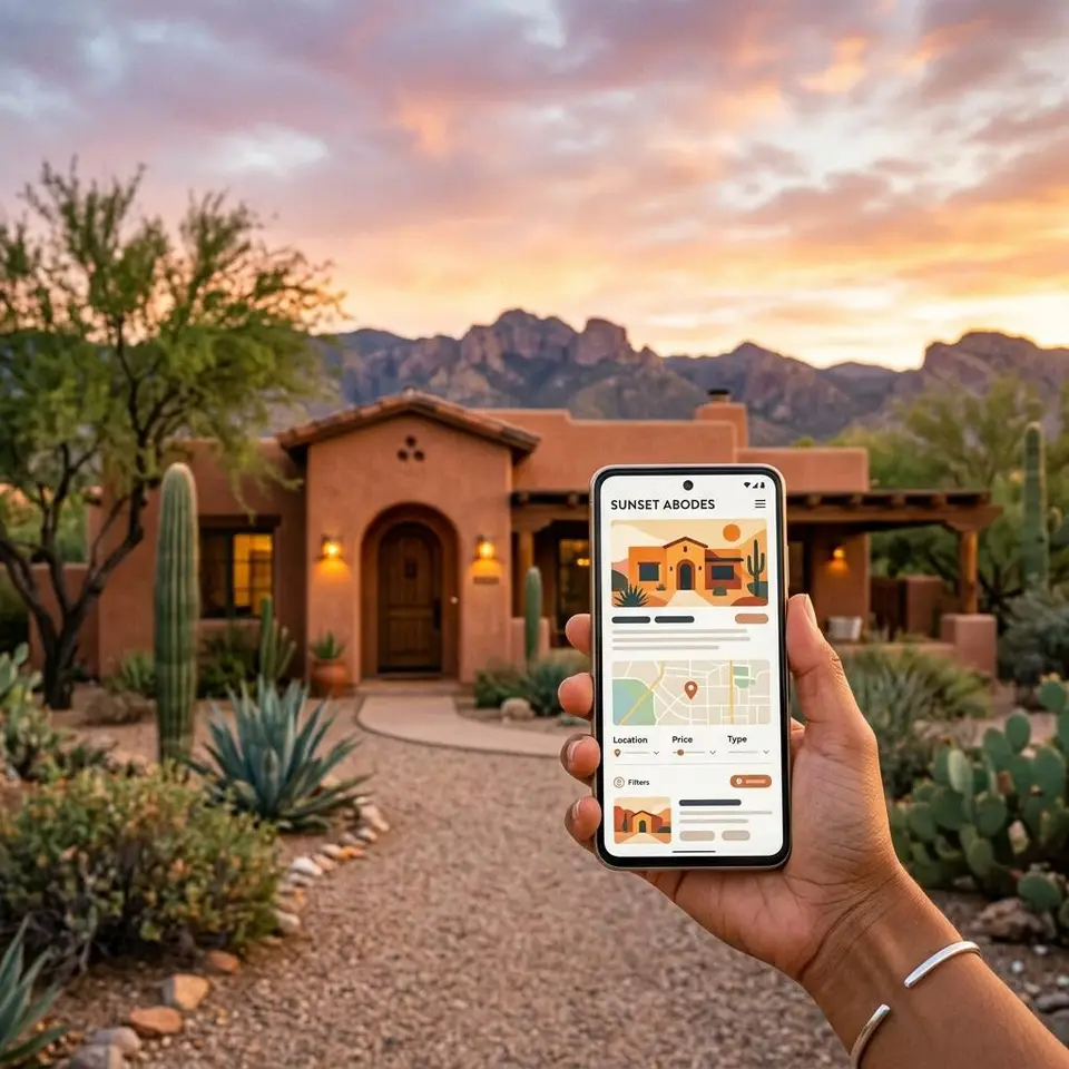 Southwestern stucco home at sunset with a phone showing a property website