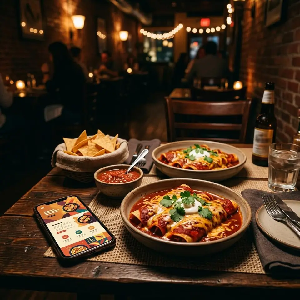 Bowls of red chile enchiladas and salsa beside a phone showing a menu website